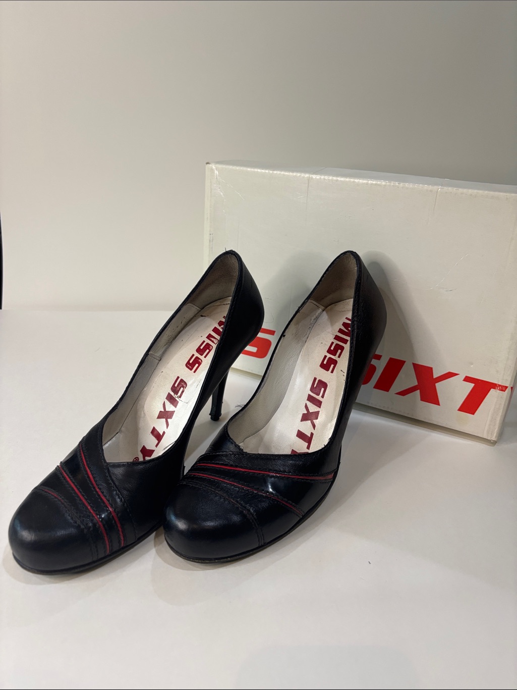 Miss Sixty Black Leather Stiletto Pumps With Red Trim Paint Shoes Size 8